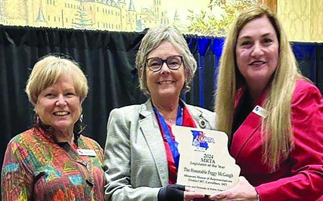 MISSOURI RETIRED TEACHER Association President Maureen Hacker (left) and Executive Director Maria Walden (right) present State Representative Peggy McGaugh with the Legislator of the Year award for 2024. Submitted