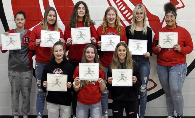 AWARD WINNERS, from left, are Sydney Appleberry, Kendra Green and Kaylee Pugh; back row, Mackenzey Peach, Aireanna Hoeppner, Abrey Oldham, Haylee Weber, Kayden Bowman and Mykayla Thaxton. SHAWN RONEY | Staff