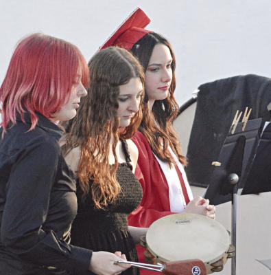 PERCUSSIONISTS IN the Richmond High School band add rhythmic textures to the ensemble’s interpretation of “Sweet Child O’ Mine.”