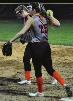 JUNIOR CHELSEA GANT steps on first base for an easy unassisted ground out in the top of the fifth inning of Hardin-Central’s Class 1 District 12 Tournament meeting with Hale/Bosworth on Tuesday night at Norborne. SHAWN RONEY | Staff