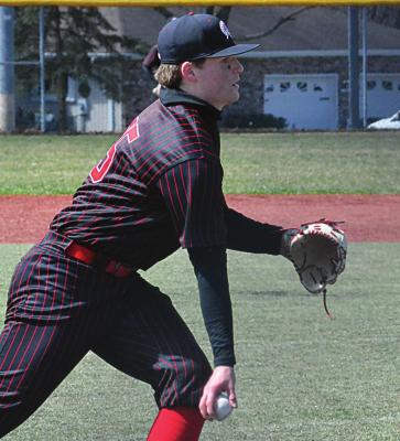 EASY DOES IT ... Richmond senior pitcher Lucas Rodenberg helps keep Southern Boone in check for a while by flipping to first base for a ground out March 26 in the Odessa Tournament. SHAWN RONEY | Staff