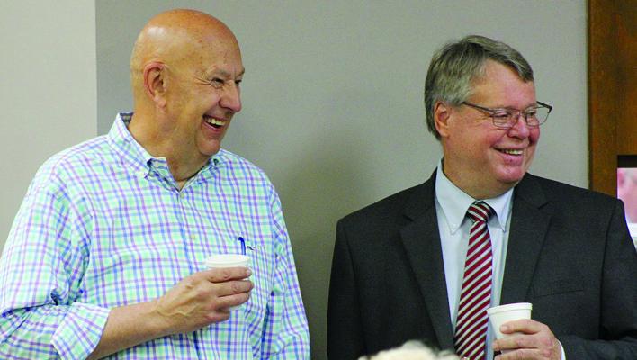 MISSOURI STATE Representative of District 53 Terry Thompson (left) and Richmond Mayor Mike Wright drink coffee at the Mayor’s Prayer Breakfast. SOPHIA BALES | Staff