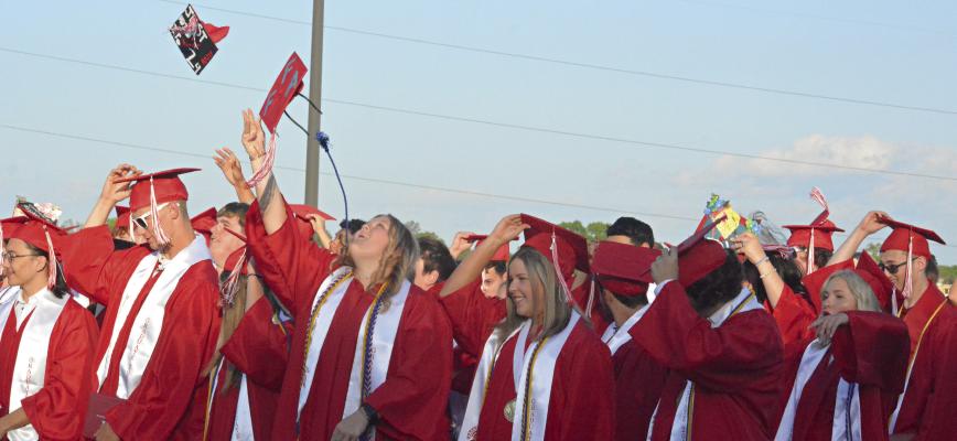 CONTINUING A TRADITION of commencement ceremonies that reportedly began more than 100 years ago at the U.S. Naval Academy, the graduates of Richmond High School’s class of 2024 begin tossing their caps into the air on a sunny, Friday evening at Spartan Stadium. SHAWN RONEY | Staff
