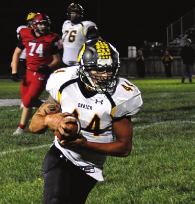 JUNIOR MILO NAY rumbles after a reception during the second quarter – shortly before he and his Orrick teammates get a “pretty intense” talk from coach Kirk Thacker at halftime of their Oct. 22 road meeting with Santa Fe. SHAWN RONEY | Staff