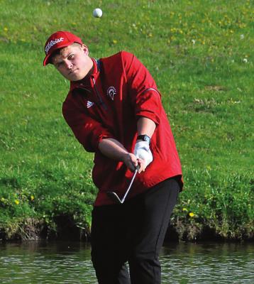 RICHMOND SENIOR Jacob Knutter hits a chip shot on the eighth hole Monday at Shirkey Golf Course. SHAWN RONEY | Staff
