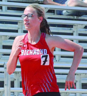 KAYLEE KING, shown running in the girls 300-meter low hurdles at districts, will represent Richmond as a jumper this weekend at the Class 3 state meet. SHAWN RONEY | Staff