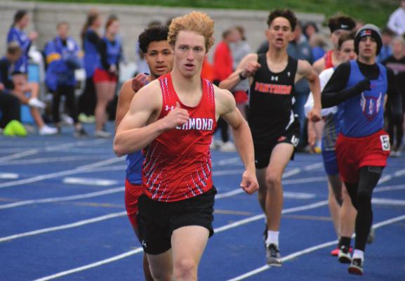 SENIOR EVAN VANDIVER sets the pace for the boys 800-meter run Tuesday during the Missouri River Valley Conference East Division track and field championships at Lafayette County of Higginsville. SHAWN RONEY | Staff