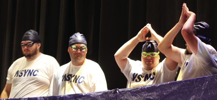 NSYNC-HRONIZED SWIMMING shows off their synchronized swimming on stage. Group members include John Conner, James Eubank, Gabe Porter and Brad Covey.