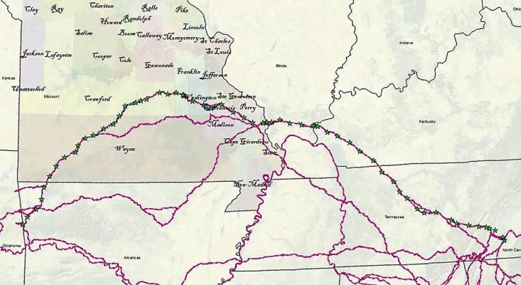 STARS ON THE NEWLY found Trail of Tears line indicate points that are verified from Lt. B.B. Cannon’s journal and the 1837 survey map. Submitted