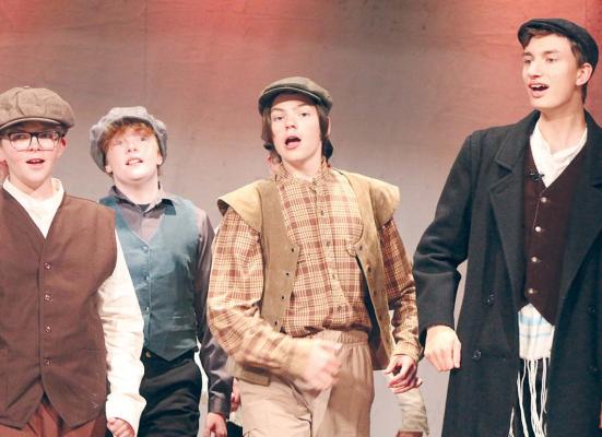 RYKER KUGLER (from left), Jackson Crowley, Elijah Durham, Max Engler and Sara Sidel rehearse a musical number as the cast prepares for Fiddler on the Roof at the Farris Theatre. SHARON DONAT | Staff