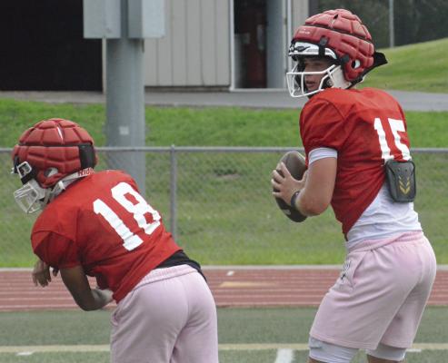 RICHMOND QUARTERBACK Jacob Lieberknecht (right) looks downfield after executing a play-action fake during offseason scrimmaging. SHAWN RONEY | Staff