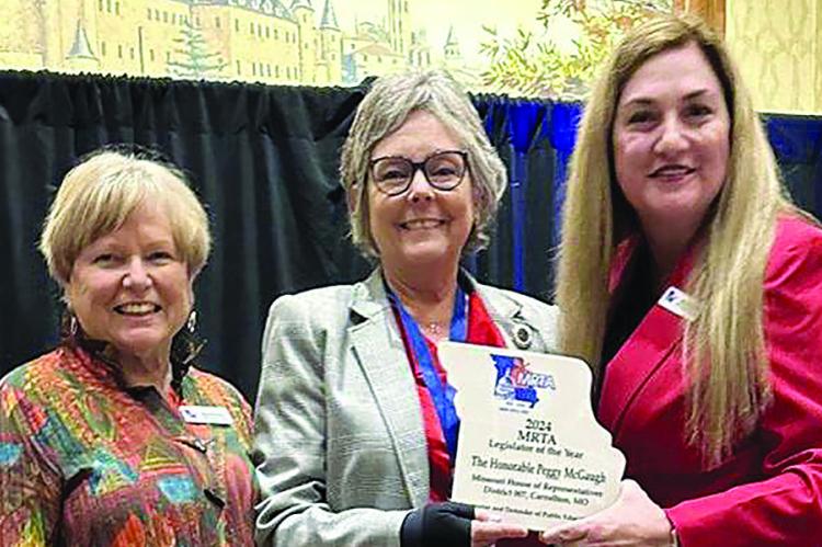 MISSOURI RETIRED TEACHER Association President Maureen Hacker (left) and Executive Director Maria Walden (right) present State Representative Peggy McGaugh with the Legislator of the Year award for 2024. Submitted