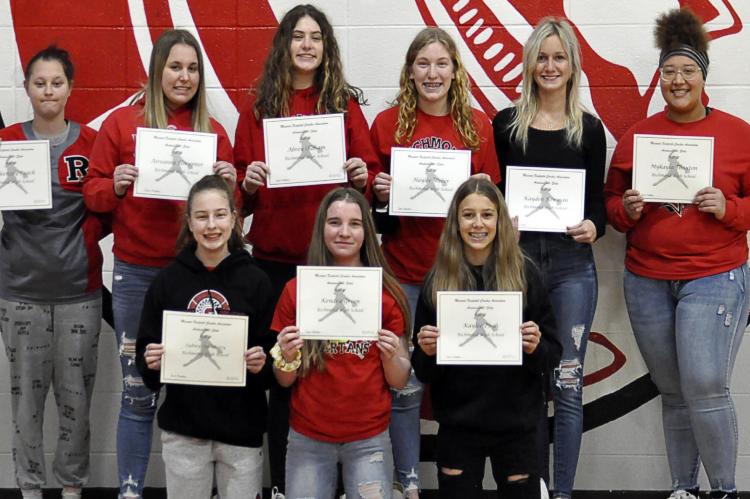 AWARD WINNERS, from left, are Sydney Appleberry, Kendra Green and Kaylee Pugh; back row, Mackenzey Peach, Aireanna Hoeppner, Abrey Oldham, Haylee Weber, Kayden Bowman and Mykayla Thaxton. SHAWN RONEY | Staff