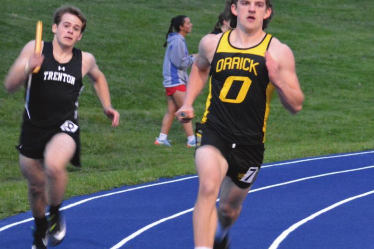 ORRICK SOPHOMORE Jaxson Miller, winner of the boys long jump Tuesday at Higginsville, shows he can run relays, too. SHAWN RONEY | Staff