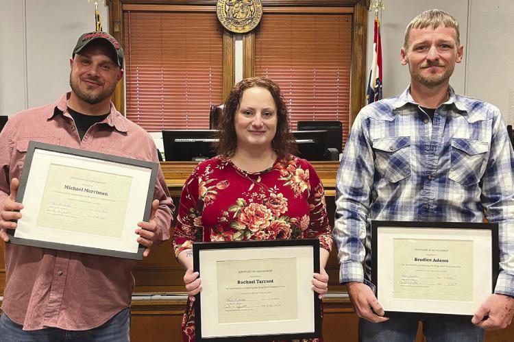 GRADUATES OF 34TH Ray County Drug Court — Michael Merriman (from left), Rachel Tarrant and Bradlee Adams — recently received their certificates. See page 2 for story. SOPHIA BALES | Staff