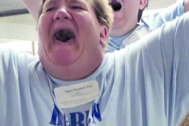 KAREN PARK (front) celebrates with teammate Ayla Joy after their first-place finish in Missouri Special Olympics bowling. Submitted