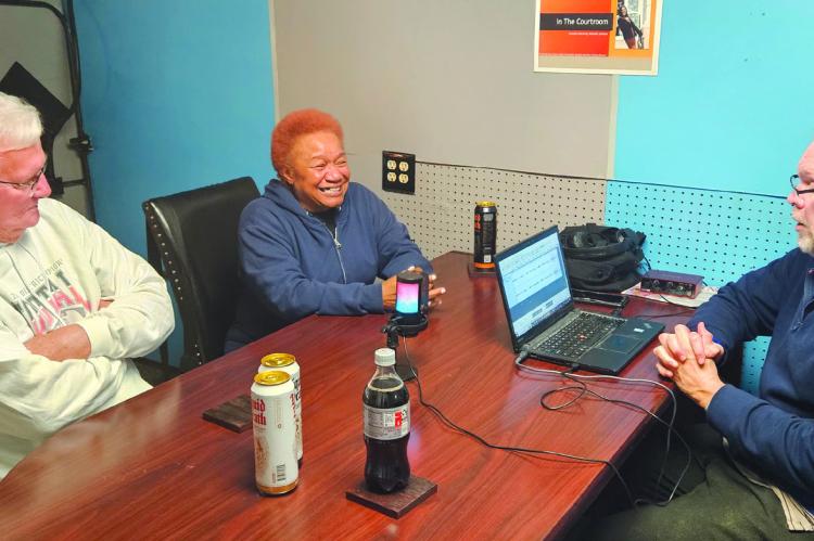 RAY COUNTY RESIDENTS and veterans Norman Bowman (from left) and Valerie Bigby talk with Shawn Roney for a ”Ray County Voices” episode focused on Veterans and Thanksgiving. The podcast is produced by the Richmond News in partnership with its sister newspaper, The Excelsior Springs Standard. Series co-host Miranda Jamison is not shown. MIRANDA JAMISON | Staff