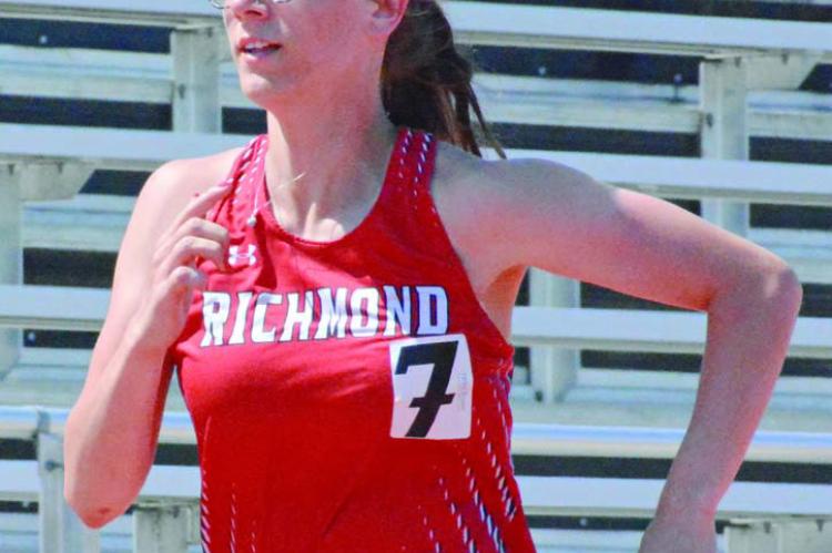 KAYLEE KING, shown running in the girls 300-meter low hurdles at districts, will represent Richmond as a jumper this weekend at the Class 3 state meet. SHAWN RONEY | Staff