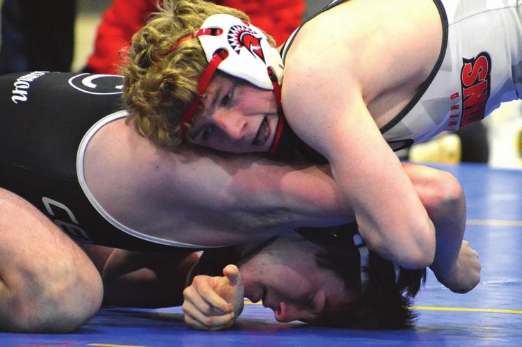 RICHMOND SENIOR Conner Teat, in the upper position in the 132-pound title match Feb. 12 at the Class 1 District 3 Tournament at Lafayette County of Higginsville, is appearing in state competition one last time. SHAWN RONEY | Staff
