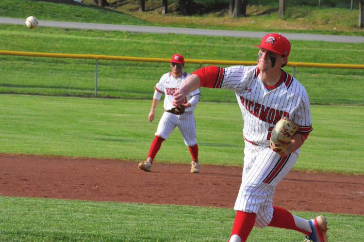 RICHMOND SENIOR pitcher Lucas Rodenberg delivers late in the Spartans’ 1-0 Missouri River Valley Conference East Division victory over Holden on Tuesday at Southview Park. SHAWN RONEY | Staff