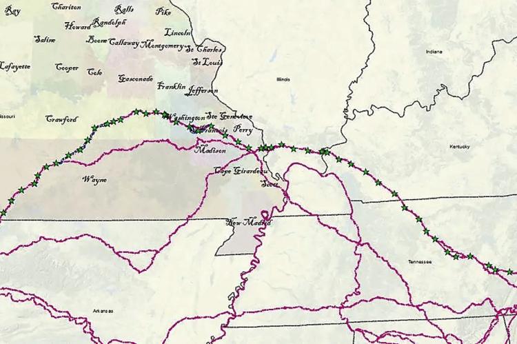 STARS ON THE NEWLY found Trail of Tears line indicate points that are verified from Lt. B.B. Cannon’s journal and the 1837 survey map. Submitted