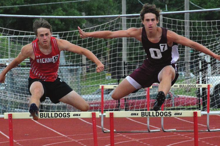 AFTER winning the boys 110-meter high hurdles, Dayne Loftin, left, looks to also qualify for state in the boys 300 intermediate hurdles May 21 at sectional competition in Odessa. Loftin almost makes it, finishing fifth. SHAWN RONEY | Staff