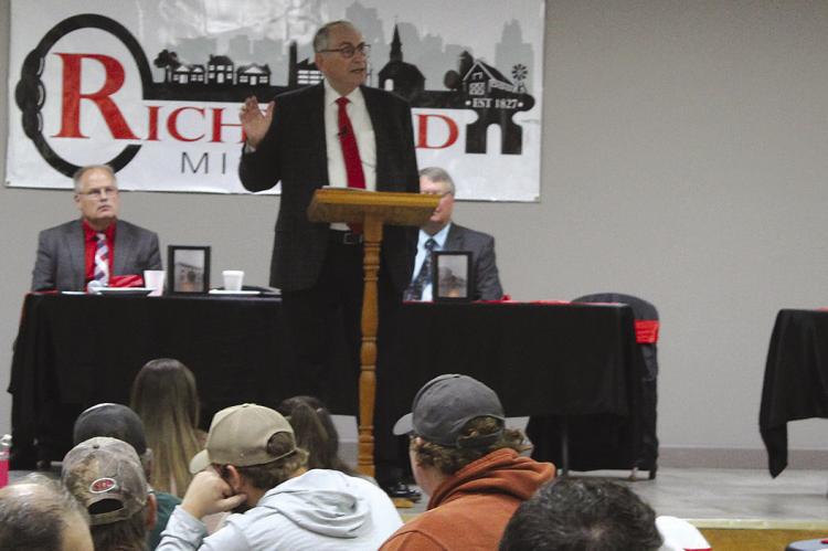 ATTORNEY MICHAEL WHITEHEAD (center) speaks at the annual Mayor’s Prayer Breakfast. SHARON DONAT | Staff