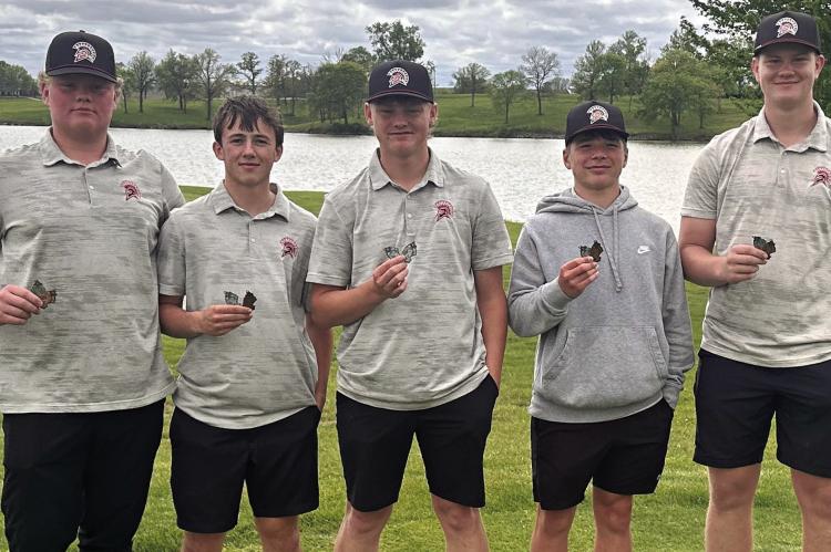 THE RICHMOND BOYS golfers Amos Farnan (from left), Logan Moyer, Isaac Kaylor, Latimer Cavanah and Brody Farnan take home medals from the Husker Invitational. BRANDON RITTMILLER | Submitted