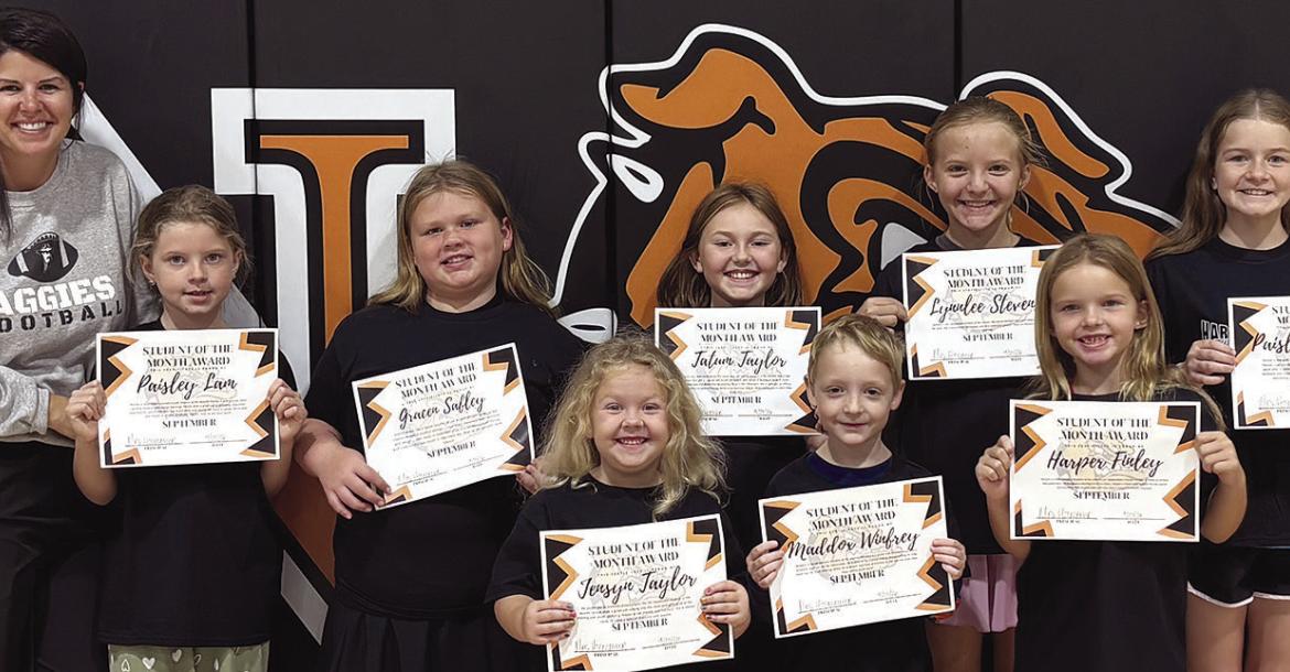 HARDIN-CENTRAL ELEMENTARY Principal Olivia Hockemeier (from left) celebrates the school’s September Students of the Month, including Paisley Lam, Gracen Sulley, Tatum Taylor, Lyndelee Stevens, Paisley Calhoun, Jensyn Taylor, Maddox Worley and Harper Finley. Submitted