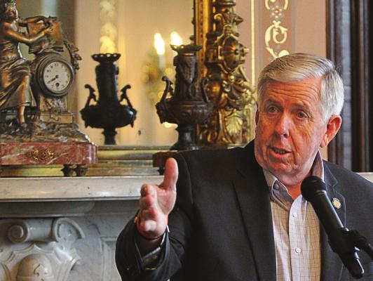 AT THE GOVERNOR’S MANSION in Jefferson City, Gov. Mike Parson answers questions about possible Medicaid expansion in Missouri. Despite studies to the contrary, Parson casts doubt on the idea that Medicaid expansion would save the state money. J.C. VENTIMIGLIA | Richmond News