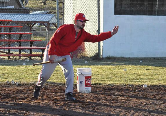 FIRST-SEASON Richmond varsity skipper Nick Persell rolls a baseball into the infield to drill the Spartans on bunt coverage and fielding during a practice in early March at Southview Park. SHAWN RONEY | Staff
