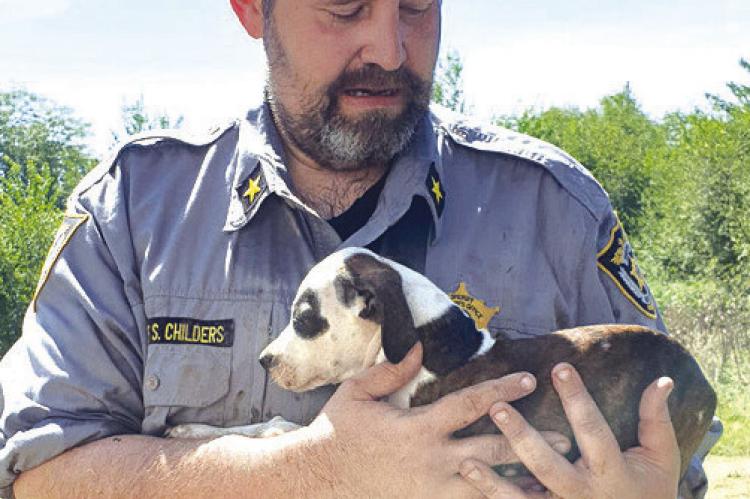 RAY COUNTY Sheriff Scott Childers holds his new puppy on Aug. 13 from a hoarding house in Rayville. The puppy, named “Presley,” is one of 70 dogs found that day and is a hit with Childers’ son, according to the sheriff. SUBMITTED