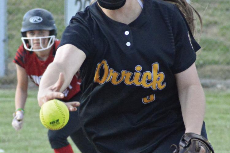 SPORTING THE new Orrick softball jersey, sophomore pitcher Izzy Wheeler delivers during the Bearcats’ Class 1 District 8 Tournament meeting with Kingsville May 5 at the Concordia Ballpark Complex. SHAWN RONEY | Staff