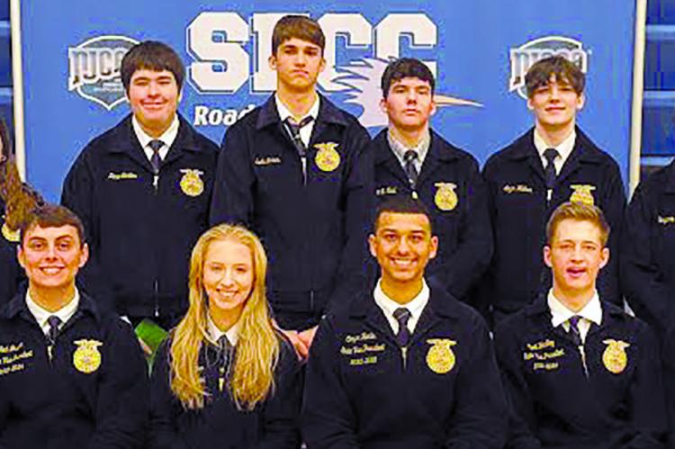 THE STATE OFFICERS of the Missouri FFA Association recently conducted 19 Greenhand Motivational Conferences in Missouri. Richmond students Ava Bozarth (back row, from left), Jewelianne Weber, Taylor McDonald, Zane Carter, Seth James, Logan O’Neal, Jacob Williams, Ben Curtis, Gavin Hook and Abe Arthur. The state officers are Karson Calvin (front row) Noah Graham, Isabella Hamner, Cooper Hamlin, Wyatt Hendley, Lynn Dyer. | Submitted