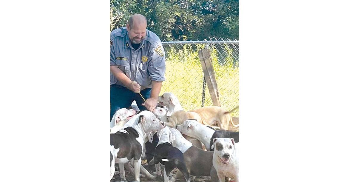 SHERIFF SCOTT CHILDERS makes an Aug. 13 visit to a Rayville home with 70 dogs. After recieving a call from a concerned neighbor who heard dogs fighting, Childers discovers the dogs are sweet and need help, prompting him to call Reno Ranch and other animal rescue organizations. SUBMITTED