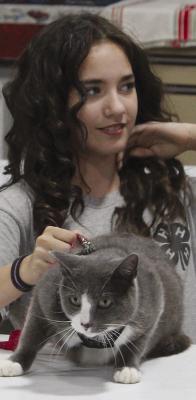 ARIANNA KOST-MIRANDA of Lawson 4-H Club presents her cat during the Ray County Fair Cat Show.