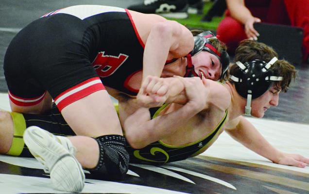 BRADY HYDER (left) works on the arm of Excelsior Springs’ Logan Bates during their title bout at Class 2 District 4 boys wrestling competition. SHAWN RONEY | Staff