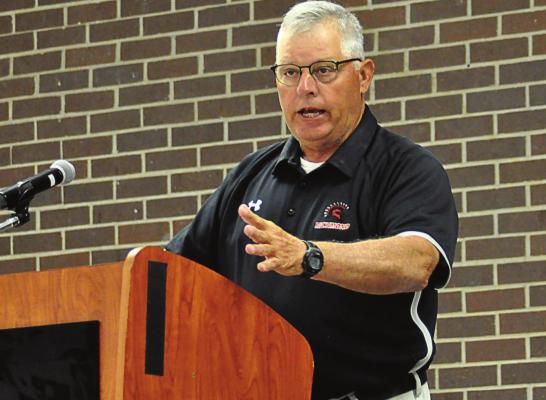 FORMER RICHMOND varsity coach Rob Bowers gives his induction speech June 5 as he enters the Spartan Athletic Hall of Fame at Richmond High School. SHAWN RONEY | Staff