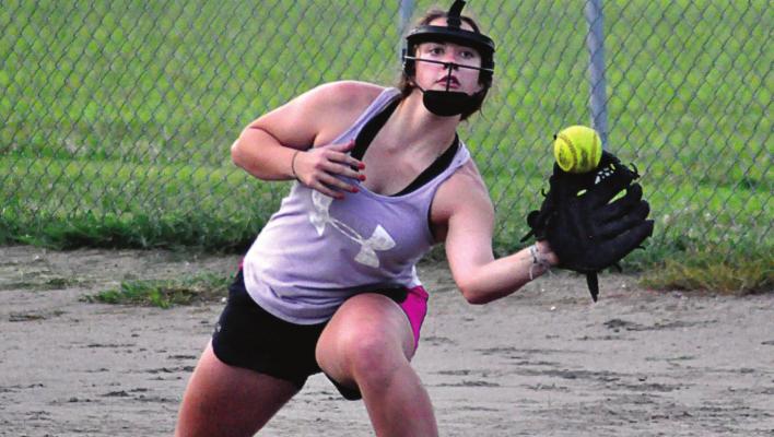 SENIOR ALYSSA RECHTERMANN snags a throw to first base during a Hardin-Central softball camp session. SHAWN RONEY | Staff