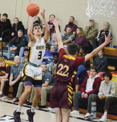 ORRICK SENIOR Zander Stevinson attempts a long-range, first-half jumper Tuesday night over the outstretched hands of Kansas City Lutheran junior Rex Lyle, as Stevinson and his fellow Bearcats return to varsity boys basketball action. Sparked by a 27-10 first quarter, the Bearcats cruise to 67-44 non-conference home victory — their first ballgame since Dec. 20, 2022. The win gives the Bearcats their fourth straight win and puts Orrick at 6-3 overall entering Friday’s non-conference road meeting with Norborne