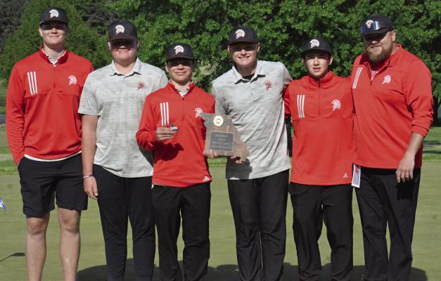 MEMBERS OF the Richmond boys golf team (from left) Brody Farnan, Amos Farnan, Latimer Cavanah, Isaac Kaylor and Logan Moyer, along with coach Brandon Rittmiller, enjoy their second-place finish at the Class 3 District 4 Tournament. SHAWN RONEY | Staff