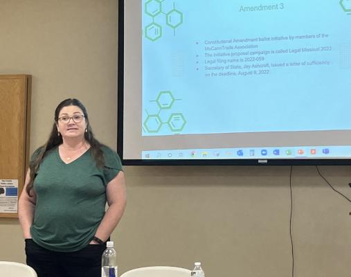 GUEST SPEAKER from Smithville Community In Action Jennifer Rhoads gives a presentation at the Ray County Coalition meeting about Missouri Amendment 3, which will be on the ballot Nov. 8. SOPHIA BALES | Staff