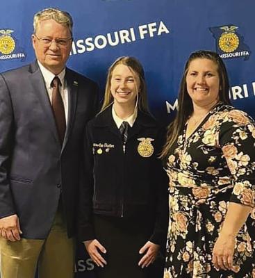 FFA ADVISOR Charlie Forman (from left), Richmond High School 2022 graduate GraceAnn Skelton and FFA Advisor Laura Allen celebrate Skelton’s success of earning the American FFA Degree. She was named the 2023 State Winner for the “Ag Processing Proficiency Award” and earned a bronze rating at the national level during the Missouri State Fair. Submitted
