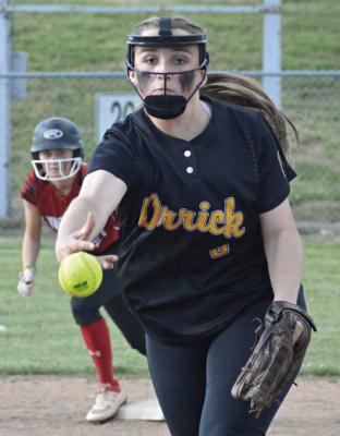 SPORTING THE new Orrick softball jersey, sophomore pitcher Izzy Wheeler delivers during the Bearcats’ Class 1 District 8 Tournament meeting with Kingsville May 5 at the Concordia Ballpark Complex. SHAWN RONEY | Staff