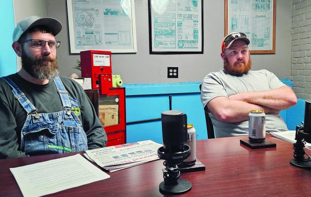 ZAC GREGORY (left) of Total Plumbing KC and Dale Askamit of Big Country Plumbing discuss common plumbing issues and homeowner maintenance during a Ray County Voices podcast recording. MIRANDA JAMISON | Staff