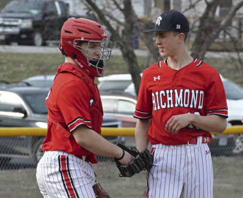 SENIOR CATCHER Aidan Ivison chats with southpaw pitcher Leyton Lee during the Spartans’ red-and-white preseason scrimmage March 15 at Southview Park in Richmond. SHAWN RONEY | Staff