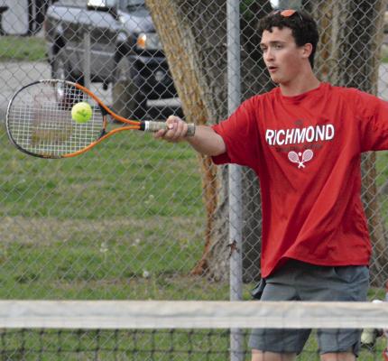 JAZSPHER ULLEBERG attempts a forehand shot during Richmond’s varsity boys tennis dual with Lafayette County of Higginsville. SHAWN RONEY | Staff