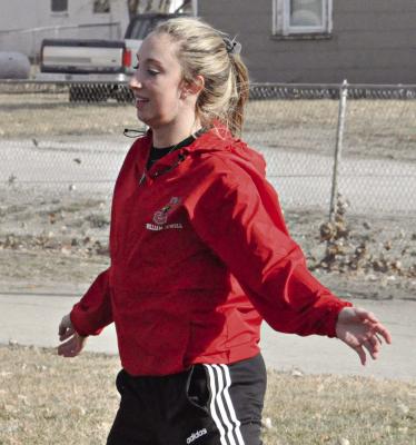 CARLY THACKER, shown training in March 2020 at Hardin-Central while sporting a William Jewell College windbreaker, holds the No. 2 spot on William Jewell’s all-time list in the women’s 600-yard run. SHAWN RONEY | Staff