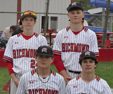 THE FOUR SENIORS on Richmond’s varsity baseball team appear together after the Spartans’ 10-0 Senior Night pasting of Lexington. Shown are Cassidy Bartron (from left) Logan Watts, Bryer Farnan and Will Robinson. SHAWN RONEY | Staff