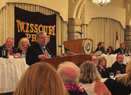 EXCELSIOR SPRINGS Standard and Richmond News Editor Jack “Miles” Ventimiglia is inducted into the Missouri Press Association’s Hall of Fame during the group’s convention Friday at The Elms, Excelsior Springs. BRIAN RICE | Publisher